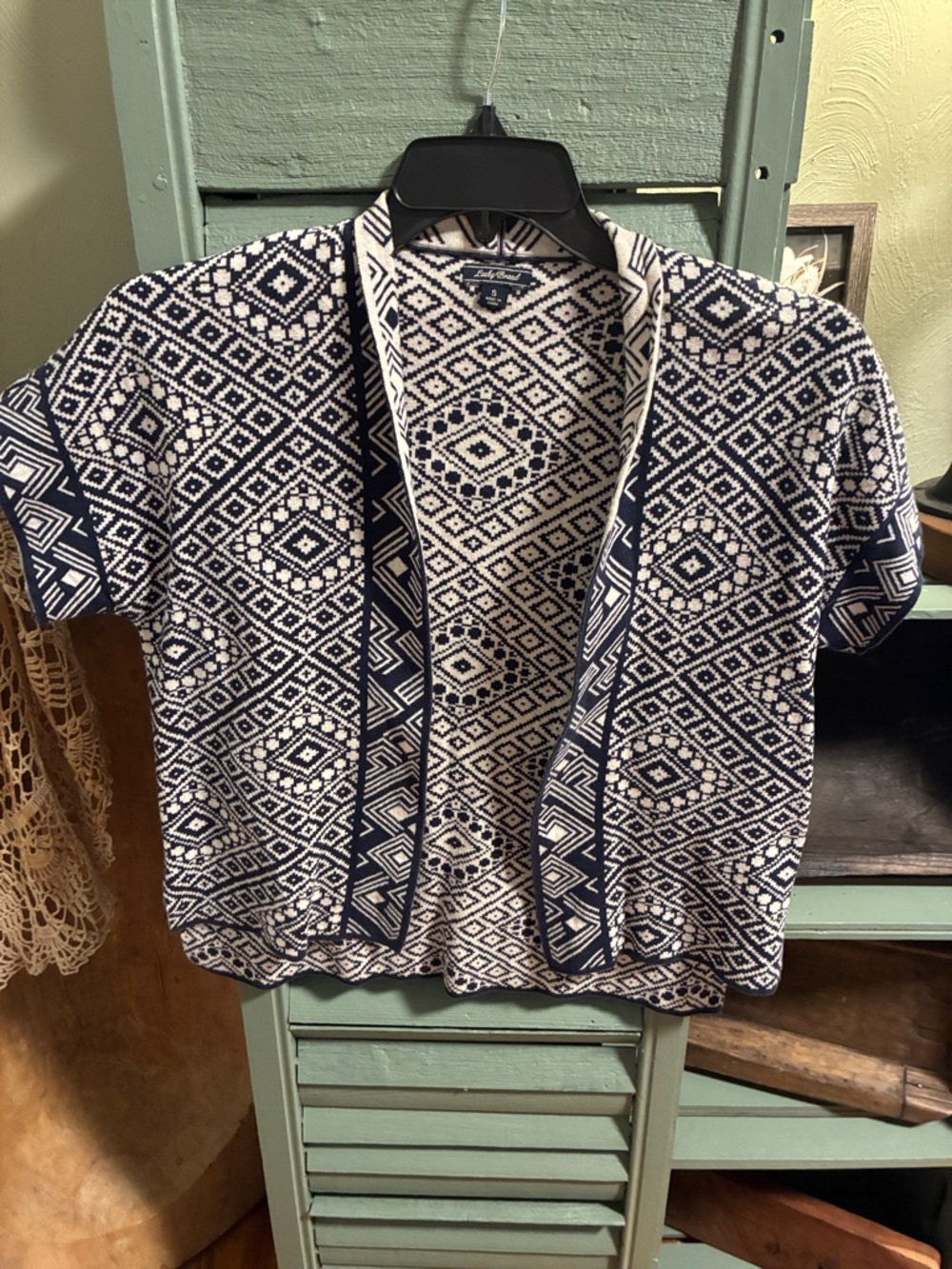 Lucky Brand Navy and White Geometric Open Cardigan